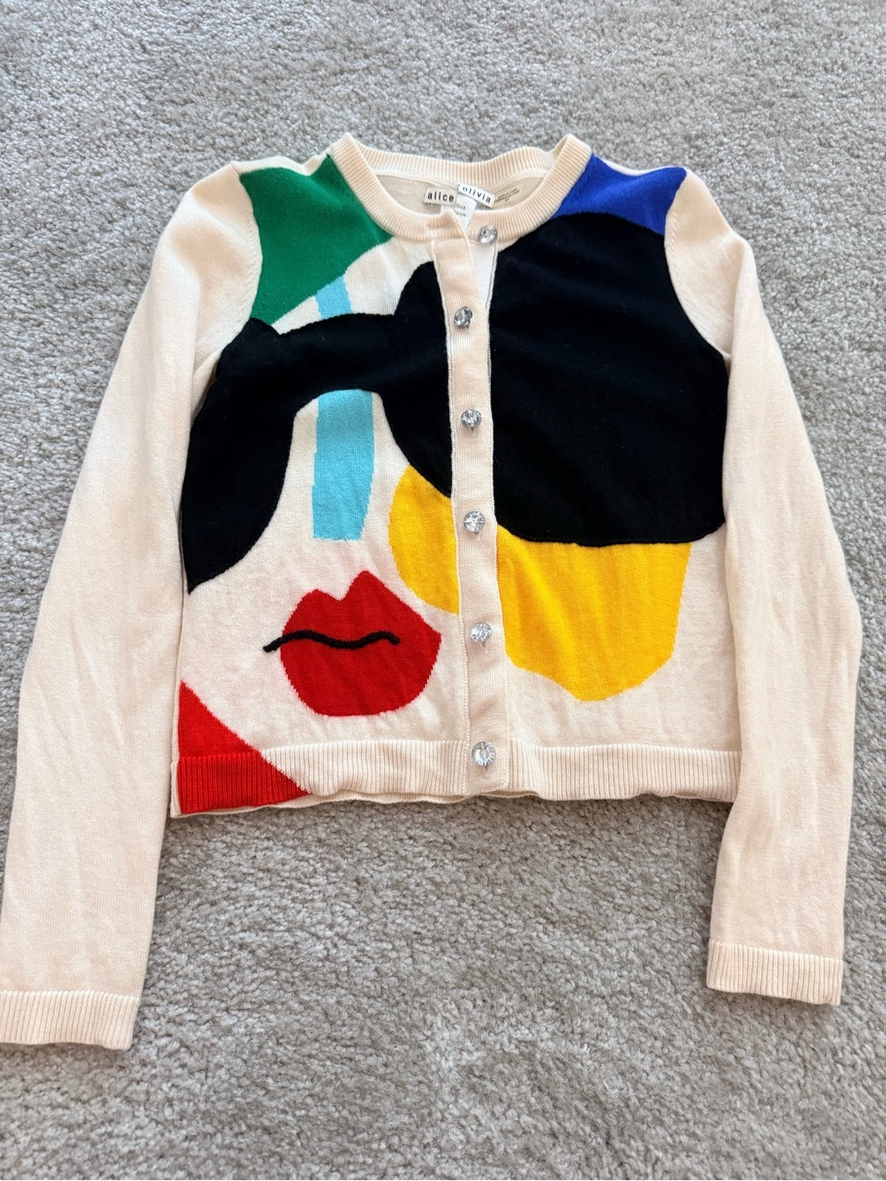 Alice + Olivia Cream Cardigan with Multicolor Abstract Face Accents